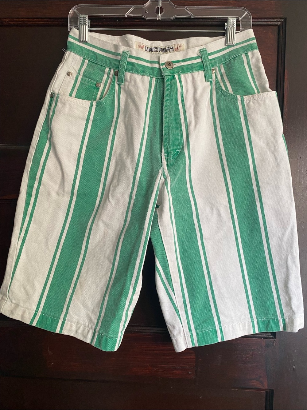 Vintage Unionbay 90s Green White Striped Denim Shorts Sz 29